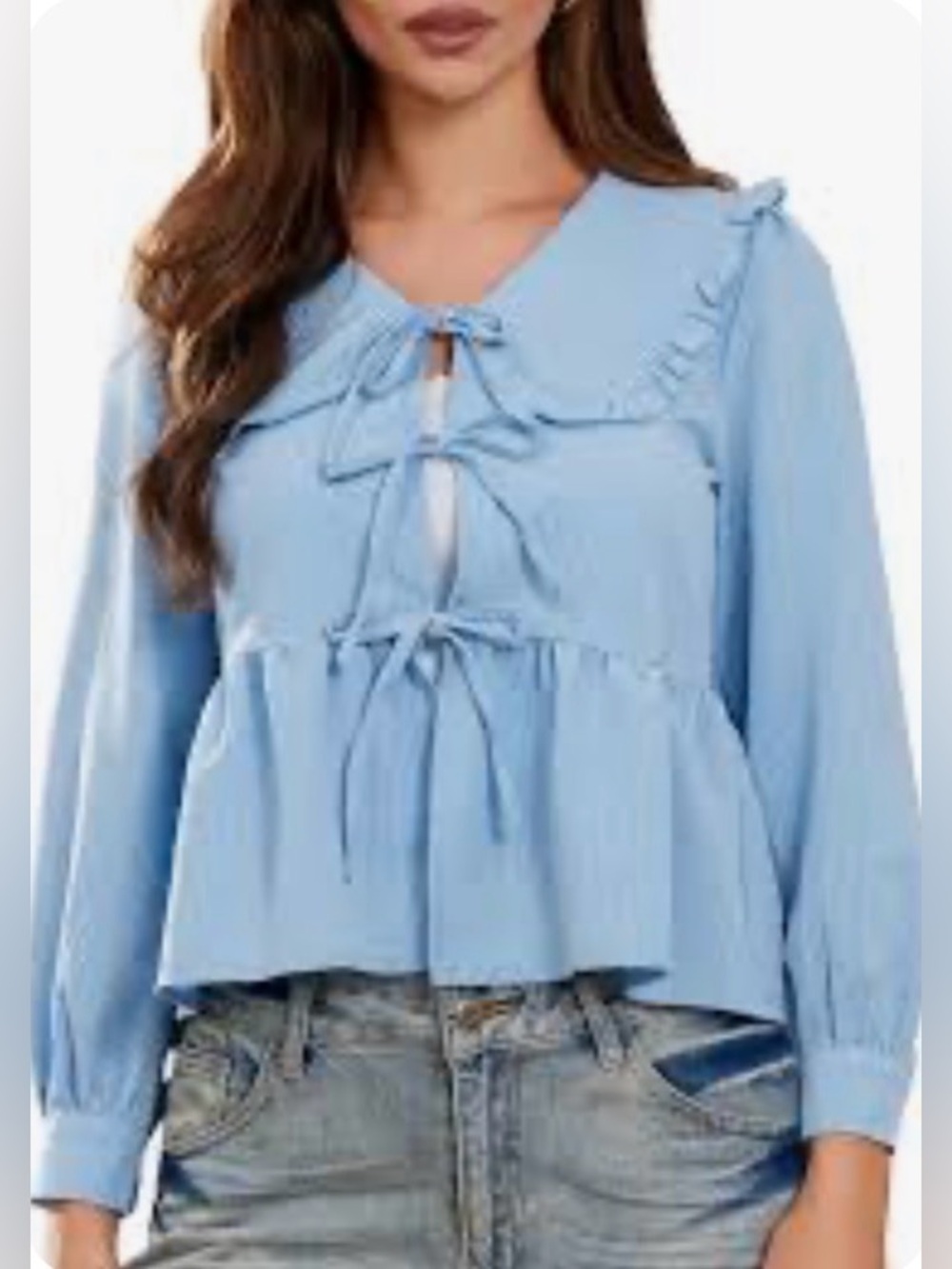 Light Blue Striped Ruffle Peter Pan Collar Tie-Front Women's Top Large